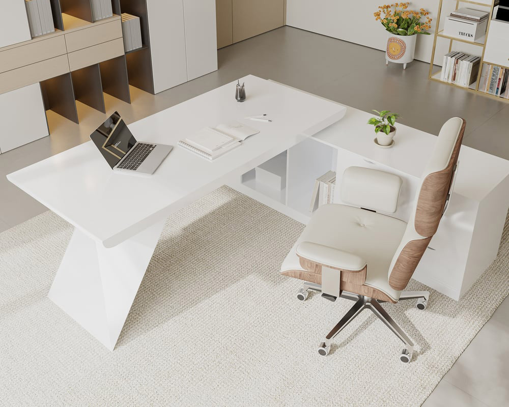 HMR Modern L-Shape Executive Desk & Office Chair Set - White, 70.9"L x 70.9"W x 29.5"H, Right Hand