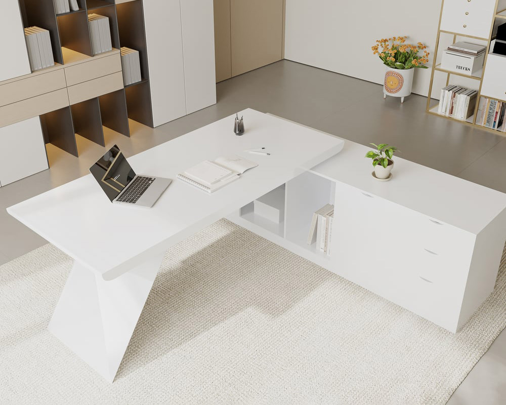 HMR Modern L-Shape Executive Desk & Office Chair Set - White, 70.9"L x 70.9"W x 29.5"H, Right Hand