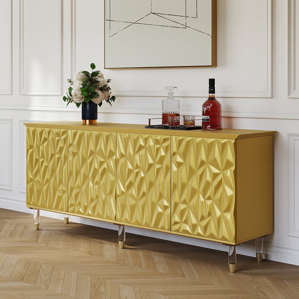 HMR - 71" Gold Sideboard Buffet with 4-Door Modern Carved Storage Credenza Adjustable Shelves