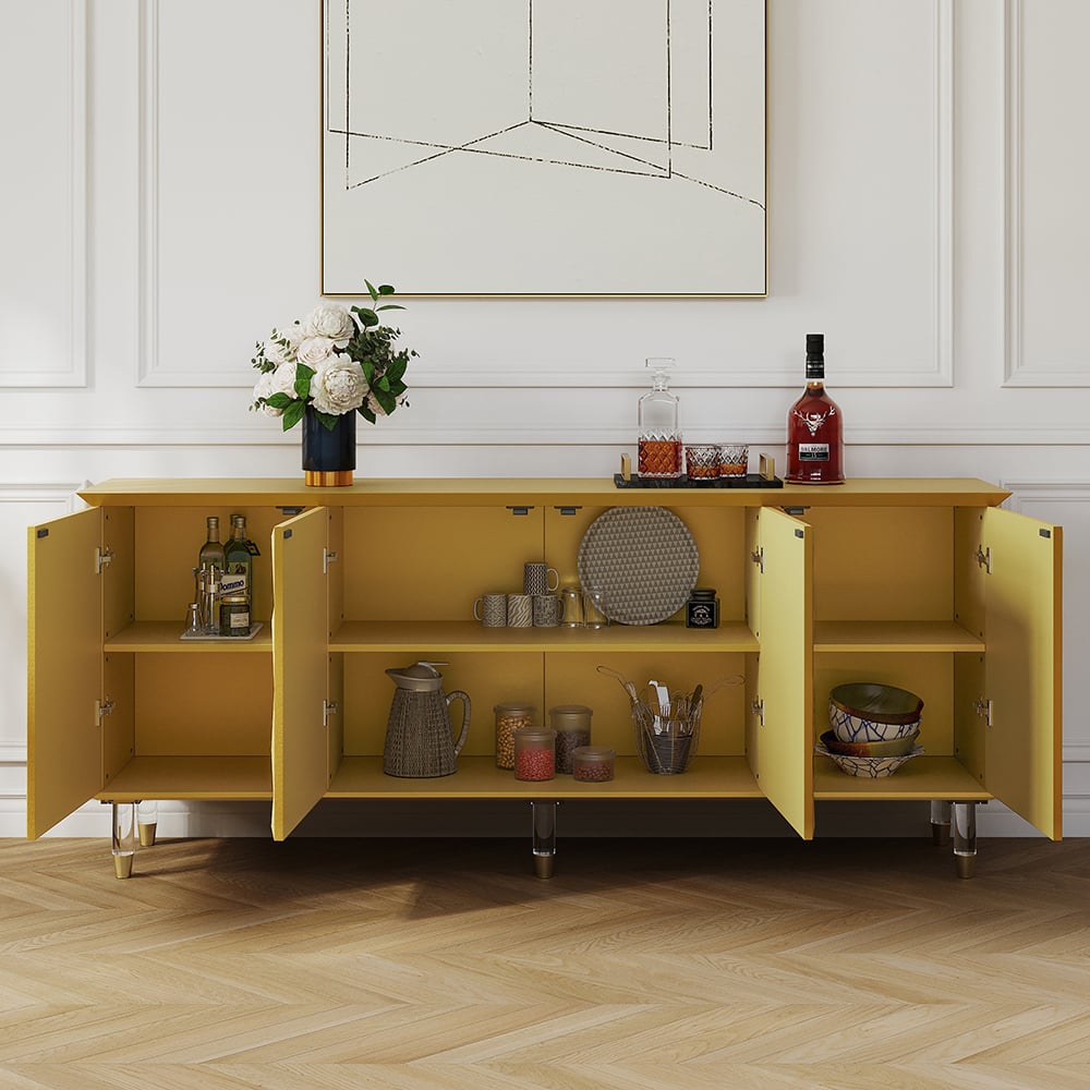 HMR - 71" Gold Sideboard Buffet with 4-Door Modern Carved Storage Credenza Adjustable Shelves