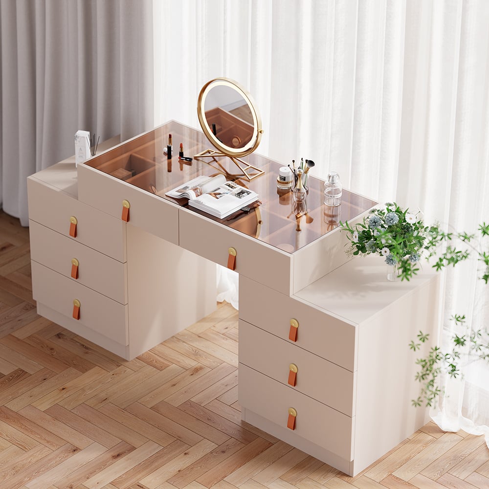 HMR - Chanor Modern Champagne Retractable Makeup Vanity Closet Island with Jewelry Storage