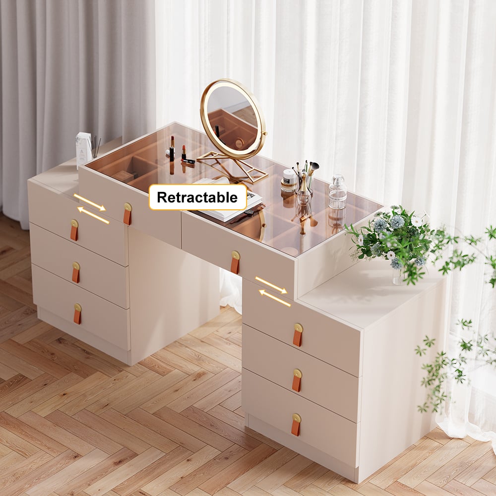 HMR - Chanor Modern Champagne Retractable Makeup Vanity Closet Island with Jewelry Storage