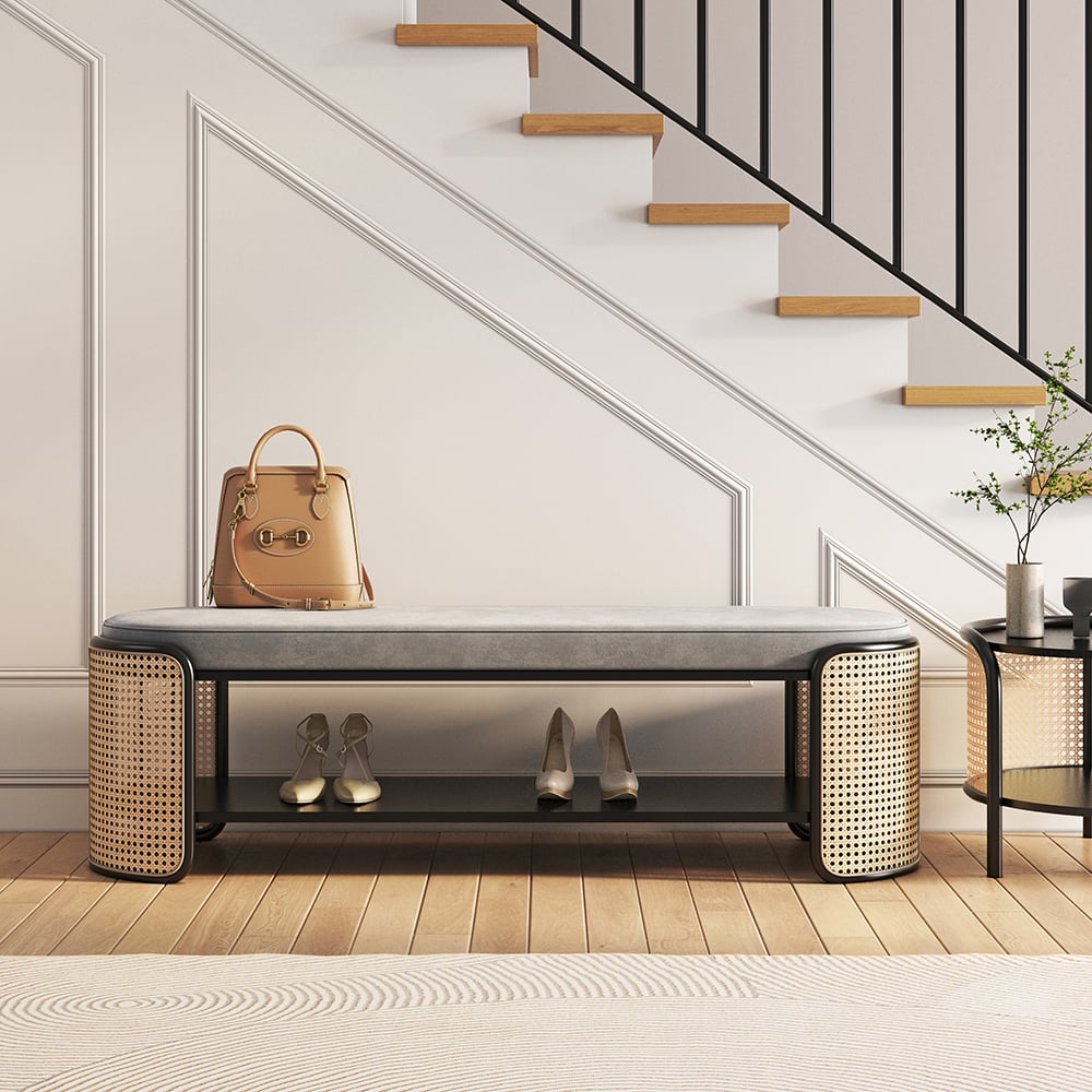 HMR - 49" Rattan Bench Modern Gray & Natural Upholstered Entryway Bench with Shoe Storage