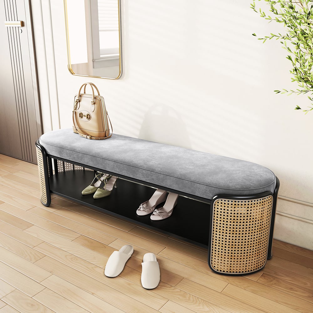 HMR - 49" Rattan Bench Modern Gray & Natural Upholstered Entryway Bench with Shoe Storage