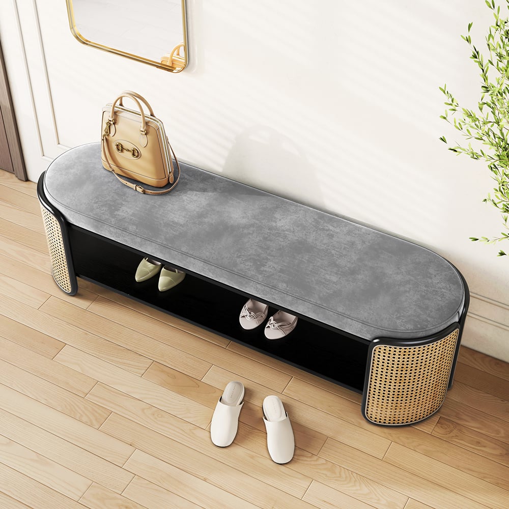 HMR - 49" Rattan Bench Modern Gray & Natural Upholstered Entryway Bench with Shoe Storage