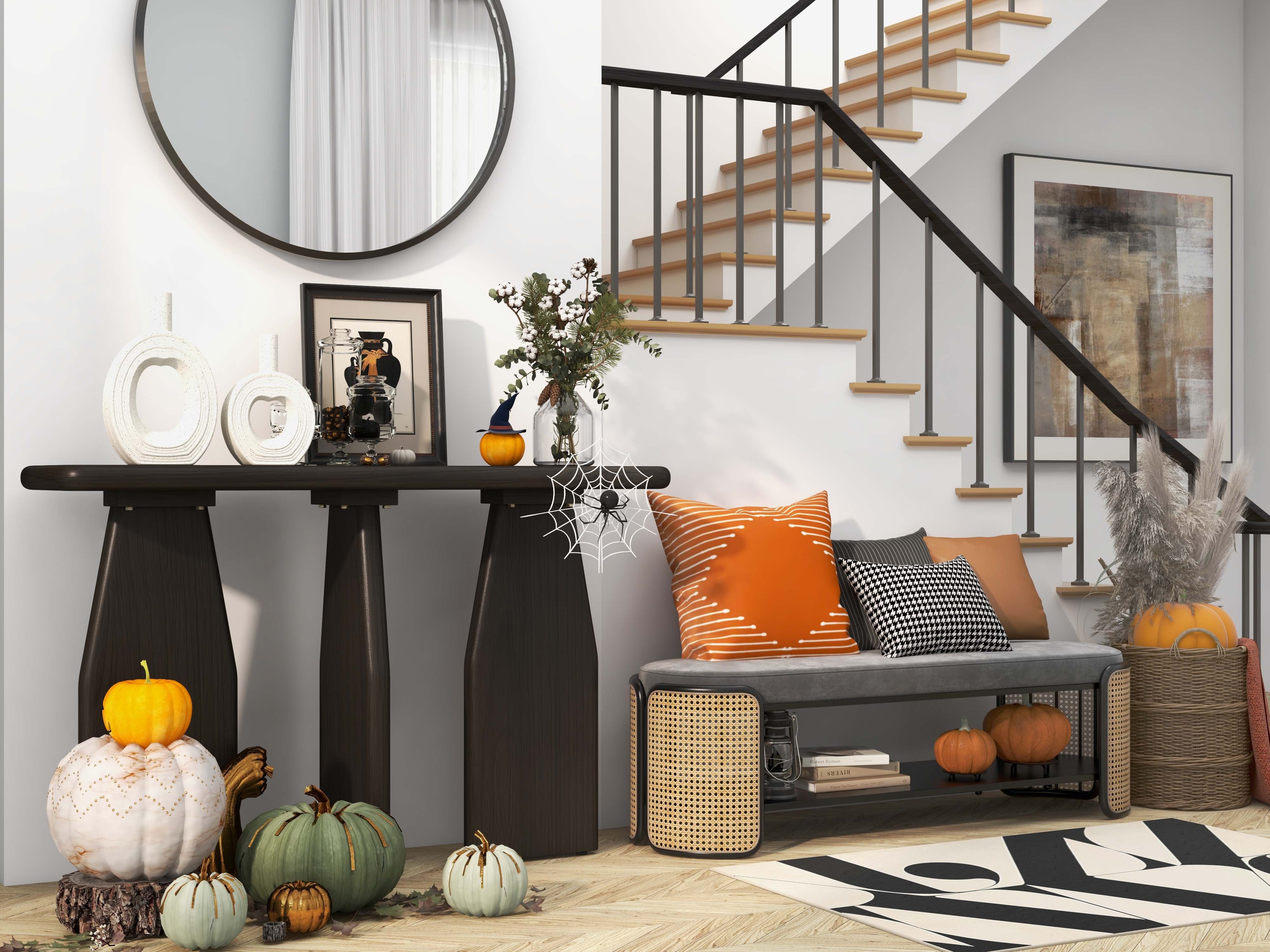 HMR - 49" Rattan Bench Modern Gray & Natural Upholstered Entryway Bench with Shoe Storage