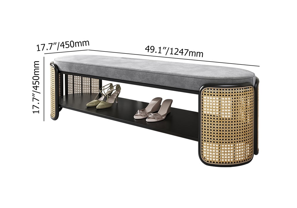 HMR - 49" Rattan Bench Modern Gray & Natural Upholstered Entryway Bench with Shoe Storage
