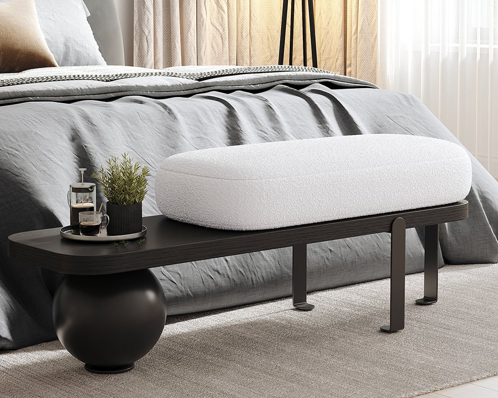 HMR - Wooden Entryway Bench Fleece Upholstered with Abstract Metal Legs