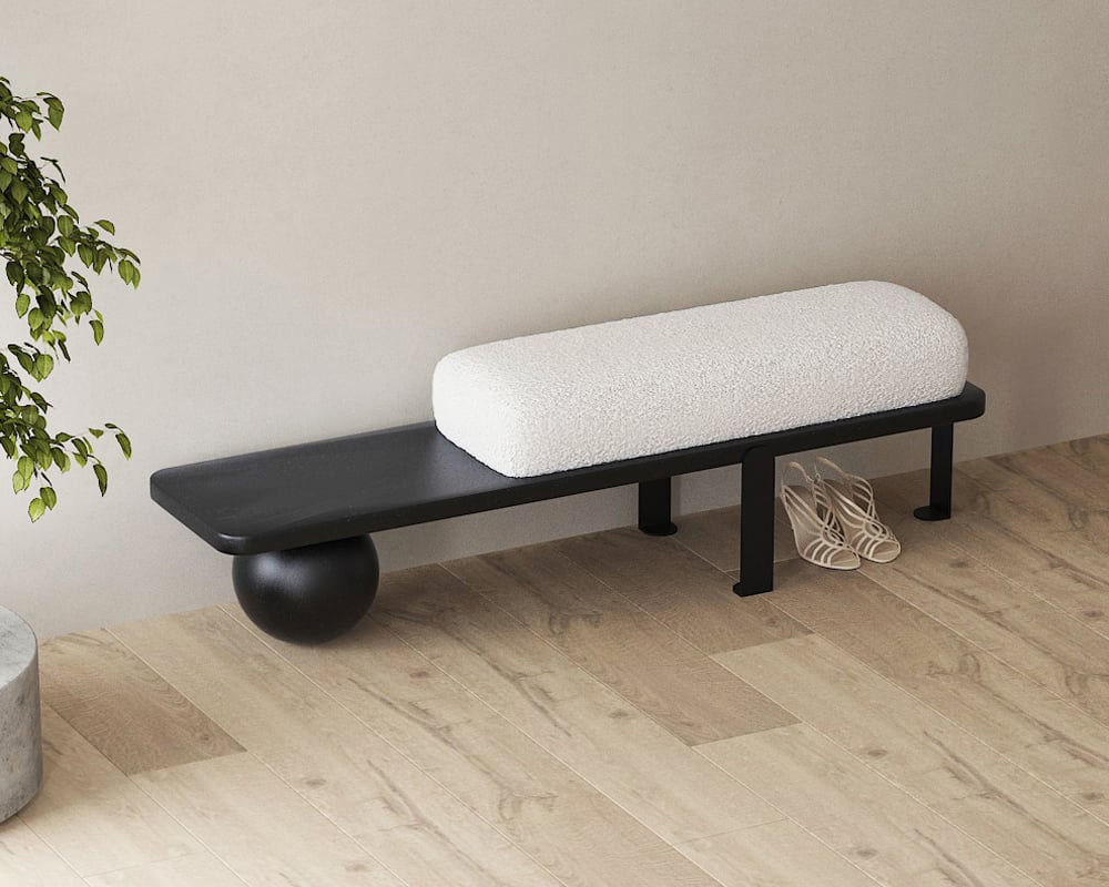 HMR - Wooden Entryway Bench Fleece Upholstered with Abstract Metal Legs