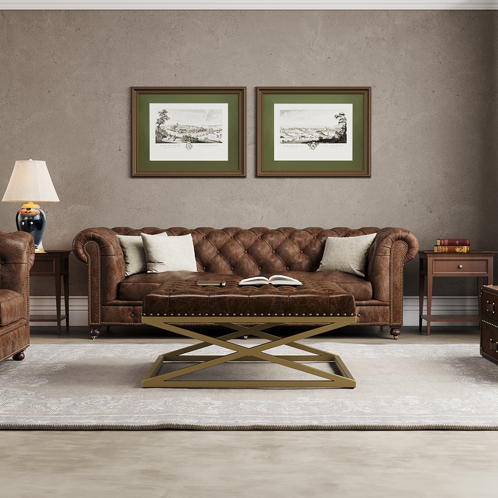HMR - Top Grain Genuine Leather Square Coffee Table Brown Tufted Ottoman Antique Brass Frame