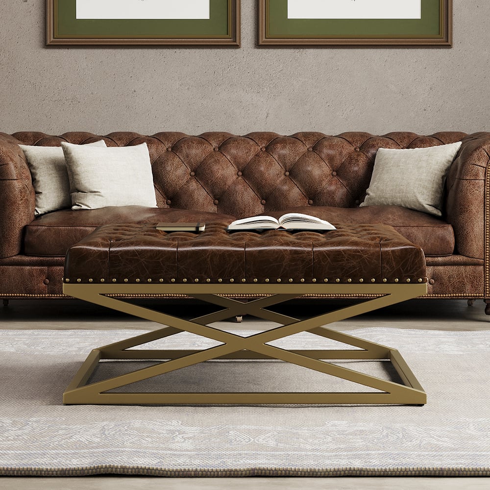 HMR - Top Grain Genuine Leather Square Coffee Table Brown Tufted Ottoman Antique Brass Frame