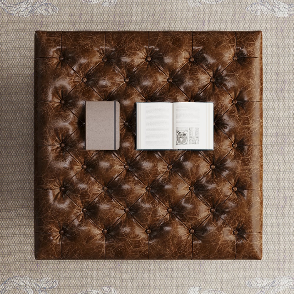 HMR - Top Grain Genuine Leather Square Coffee Table Brown Tufted Ottoman Antique Brass Frame