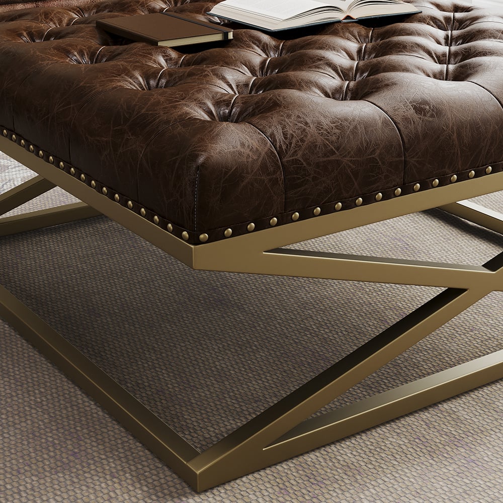 HMR - Top Grain Genuine Leather Square Coffee Table Brown Tufted Ottoman Antique Brass Frame