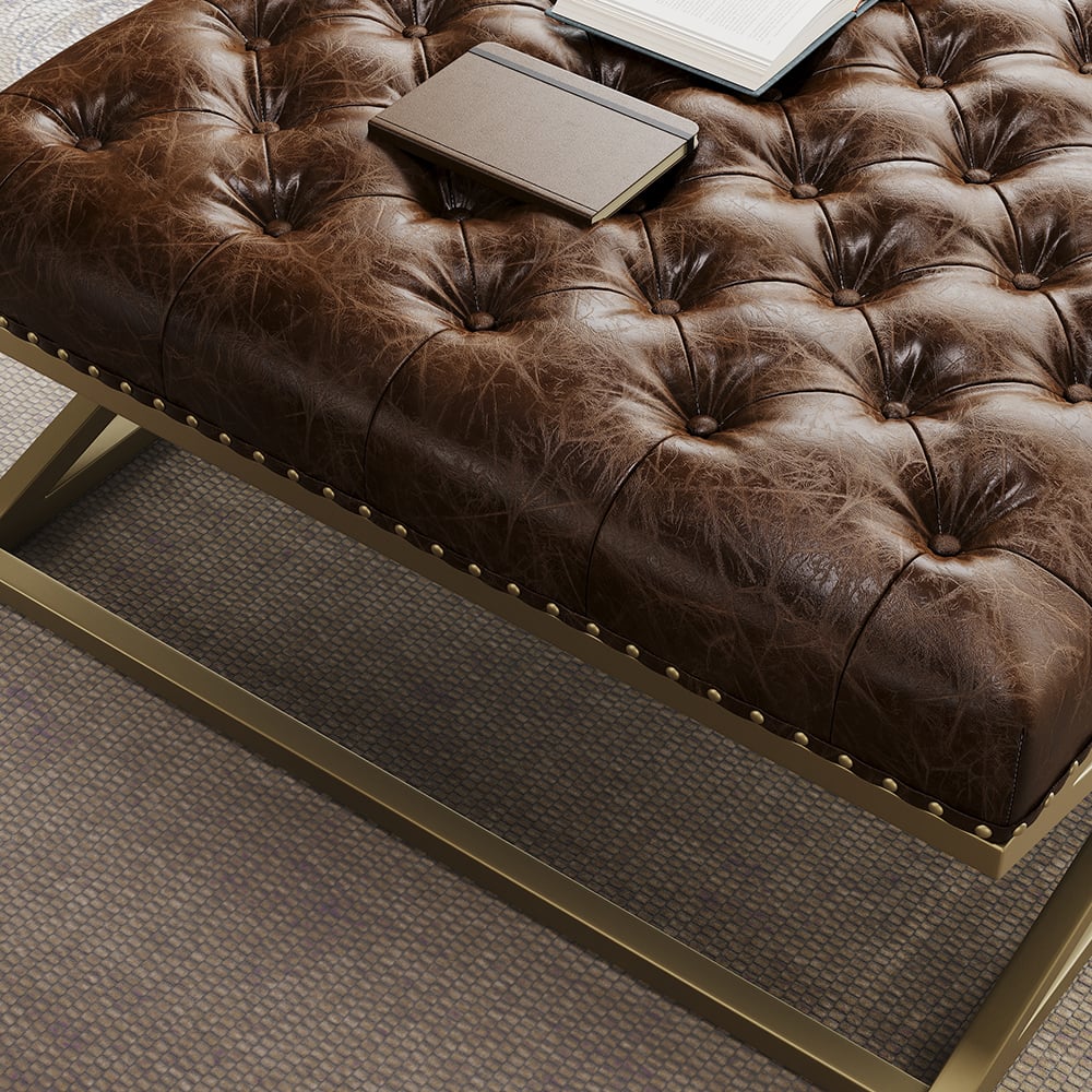 HMR - Top Grain Genuine Leather Square Coffee Table Brown Tufted Ottoman Antique Brass Frame