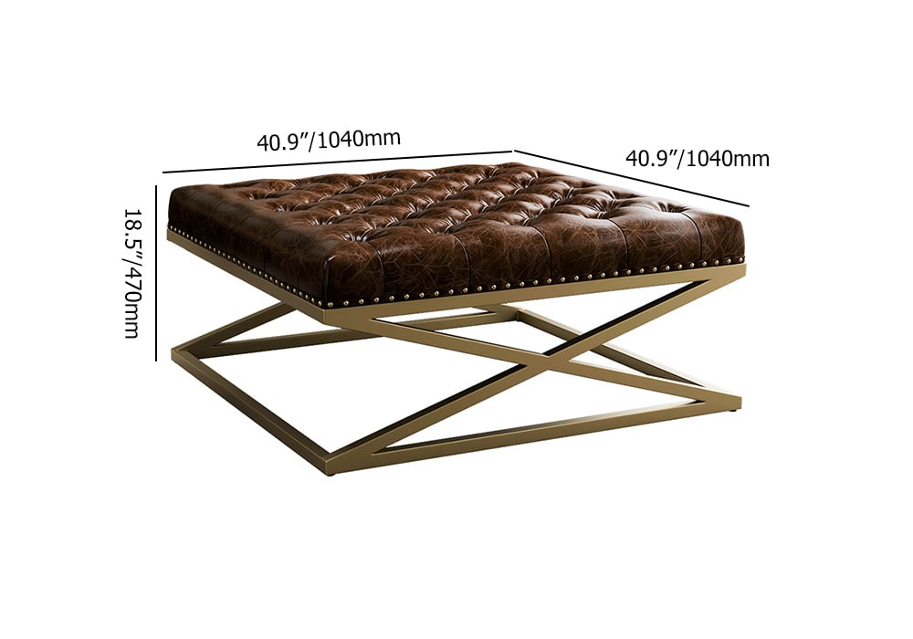 HMR - Top Grain Genuine Leather Square Coffee Table Brown Tufted Ottoman Antique Brass Frame