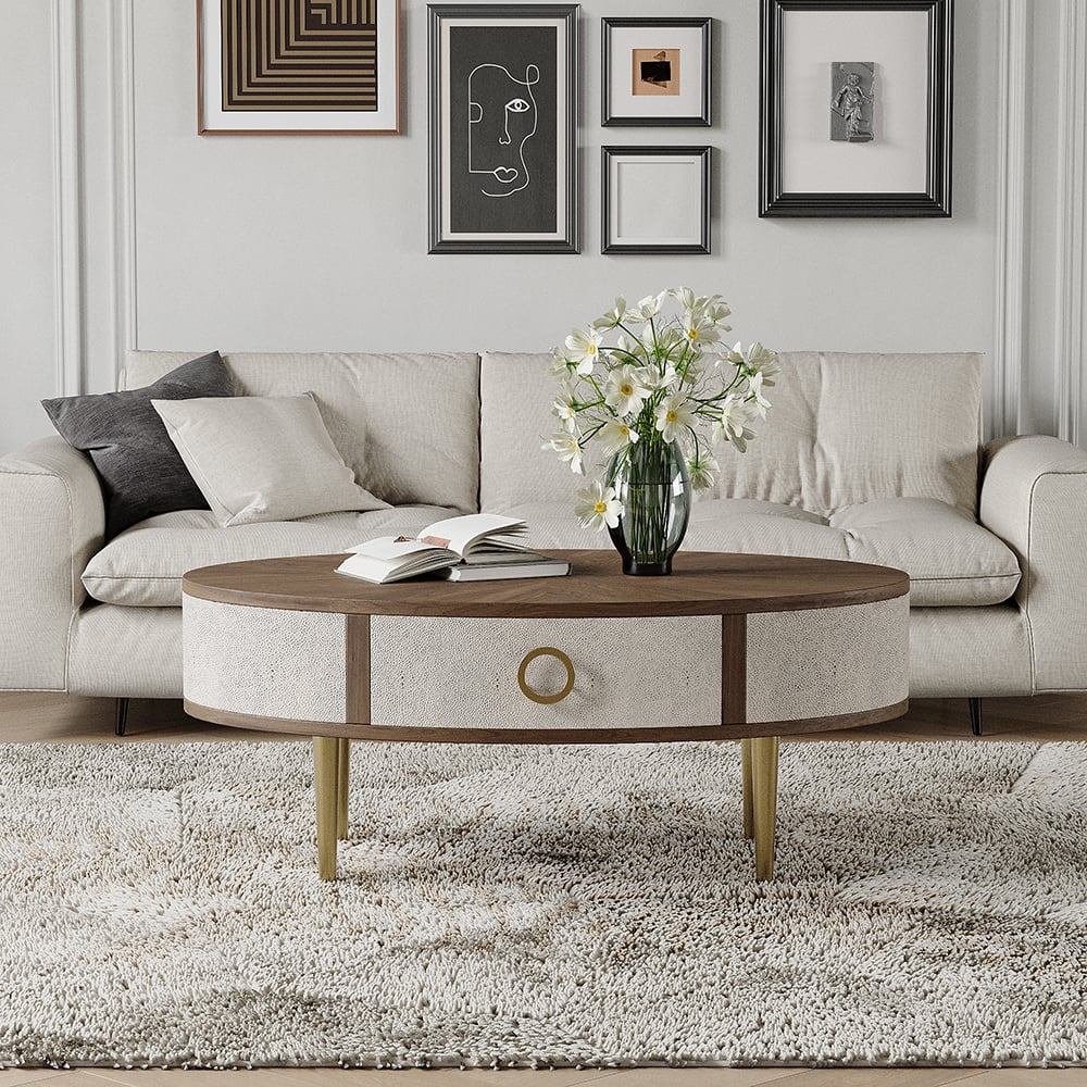 HMR - Mid Century Modern Shagreen Oval Coffee Table in Walnut & Gray & Gold with Storage