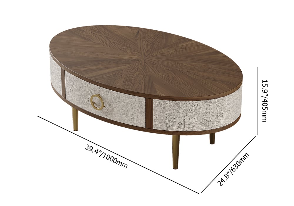 HMR - Mid Century Modern Shagreen Oval Coffee Table in Walnut & Gray & Gold with Storage