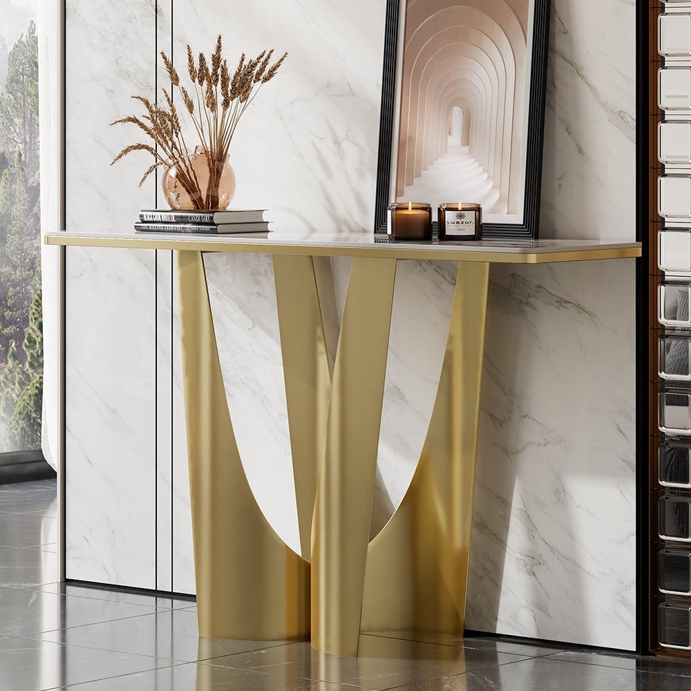HMR - 47" Art Deco White & Gold Console Table with Sintered Stone Top & Stainless Steel Base