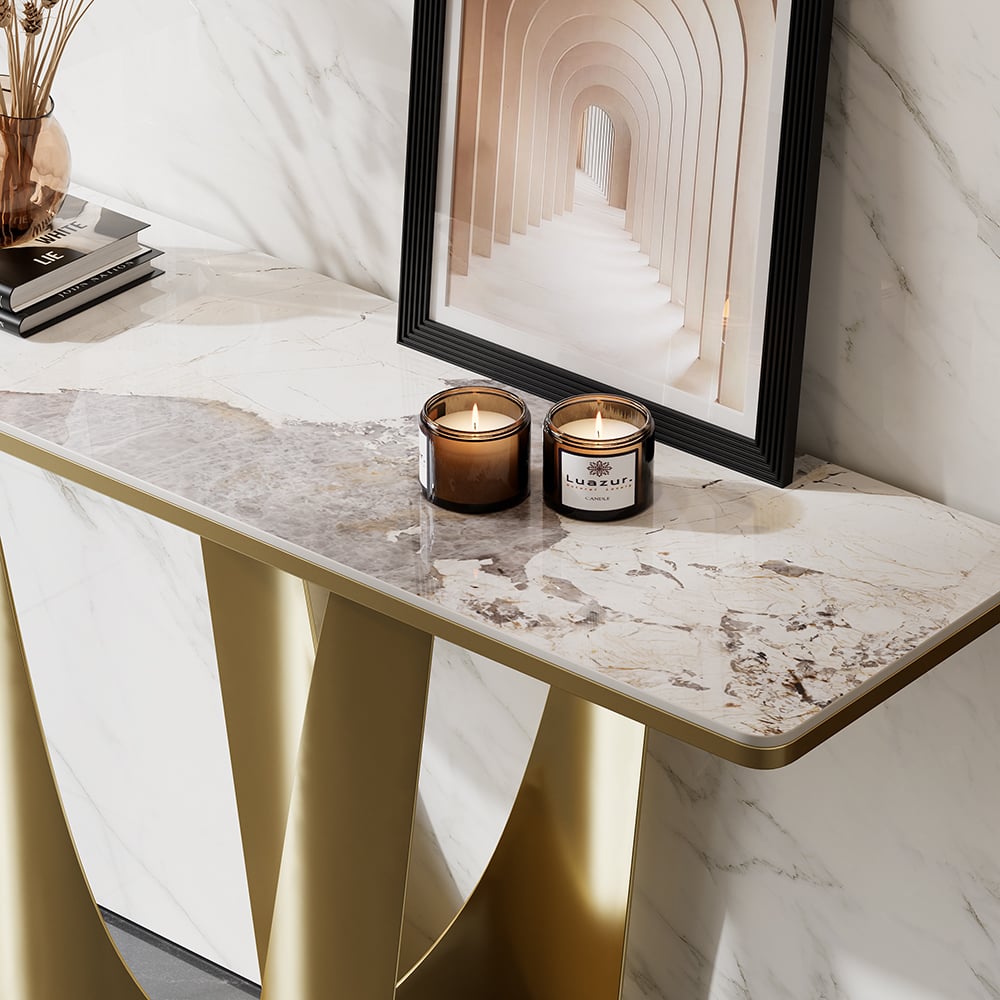 HMR - 47" Art Deco White & Gold Console Table with Sintered Stone Top & Stainless Steel Base