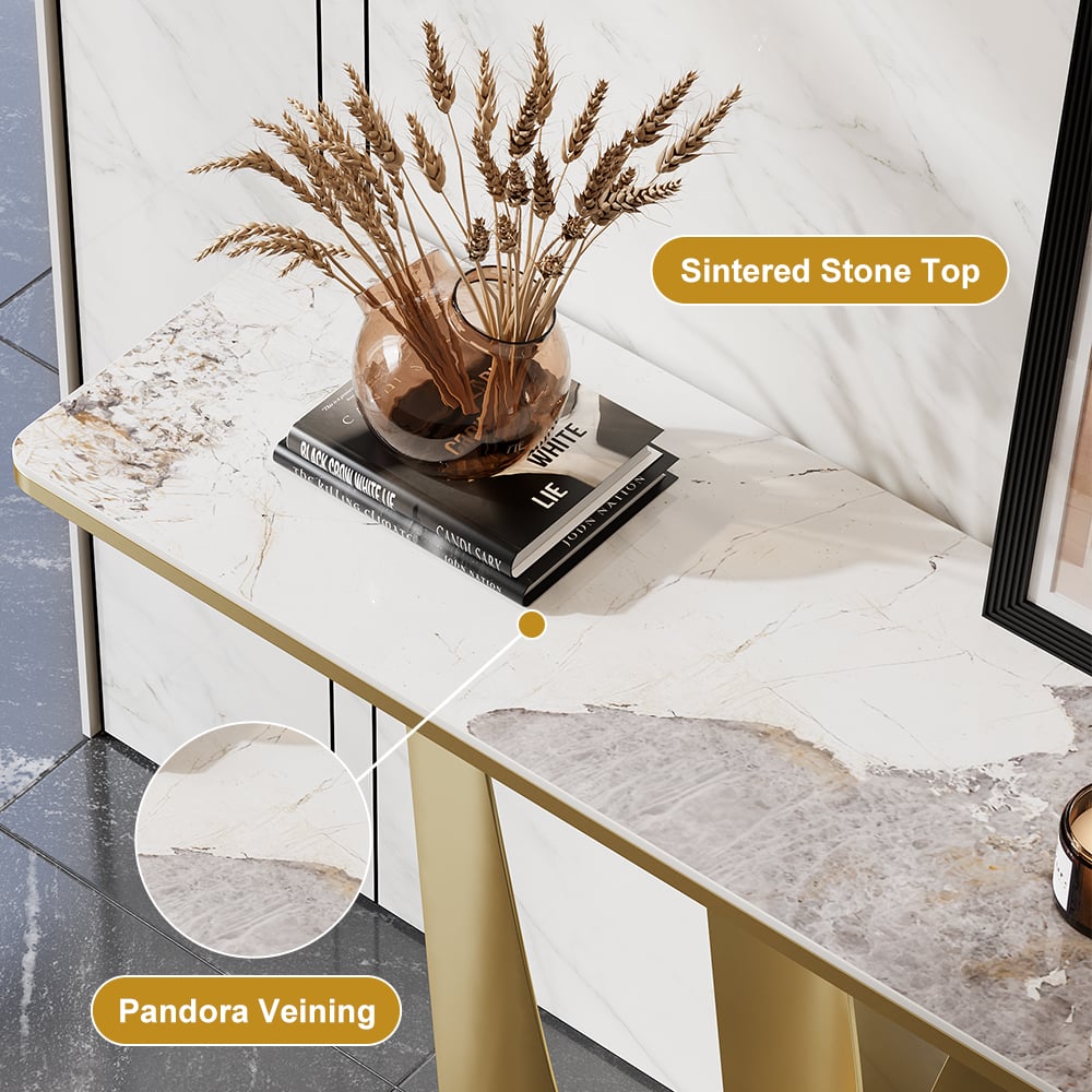 HMR - 47" Art Deco White & Gold Console Table with Sintered Stone Top & Stainless Steel Base