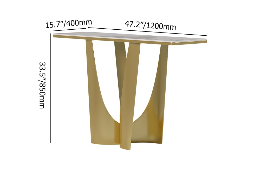 HMR - 47" Art Deco White & Gold Console Table with Sintered Stone Top & Stainless Steel Base