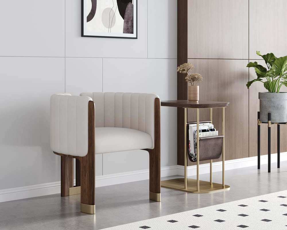 HMR Leather Fluted Upholstered Accent Chair with Wood Frame - White