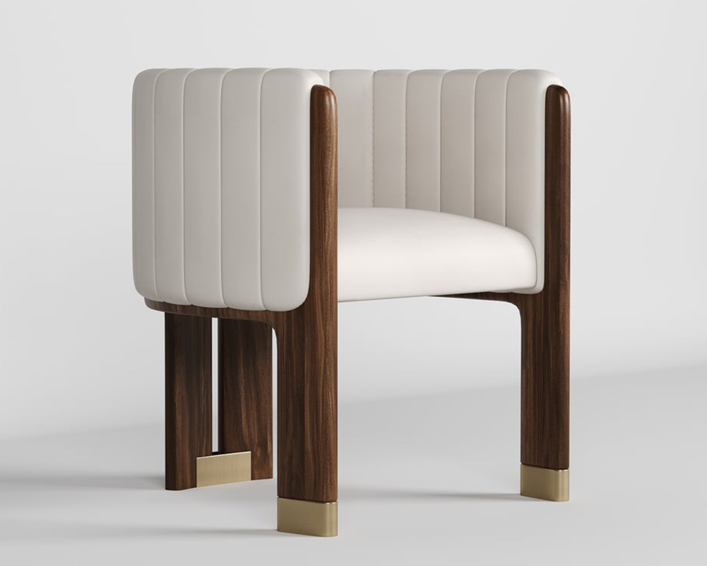 HMR Leather Fluted Upholstered Accent Chair with Wood Frame - White