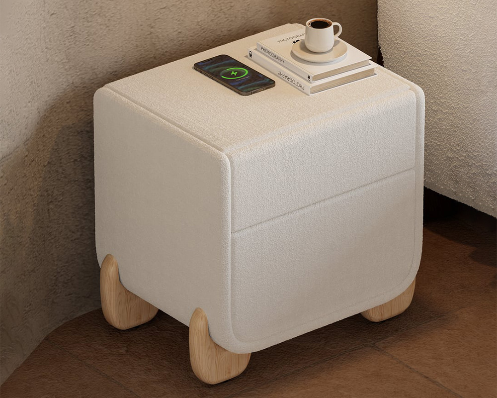 HMR - Curva 2-Drawer Smart Boucle Nightstand with Wood Legs