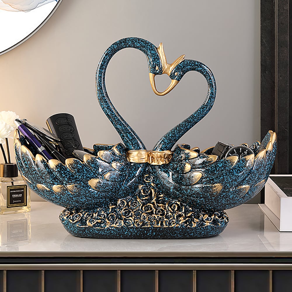 HMR - Creative Gold&Blue Swan Resin Remote Control Holder Living Room Storage Box Home Decor