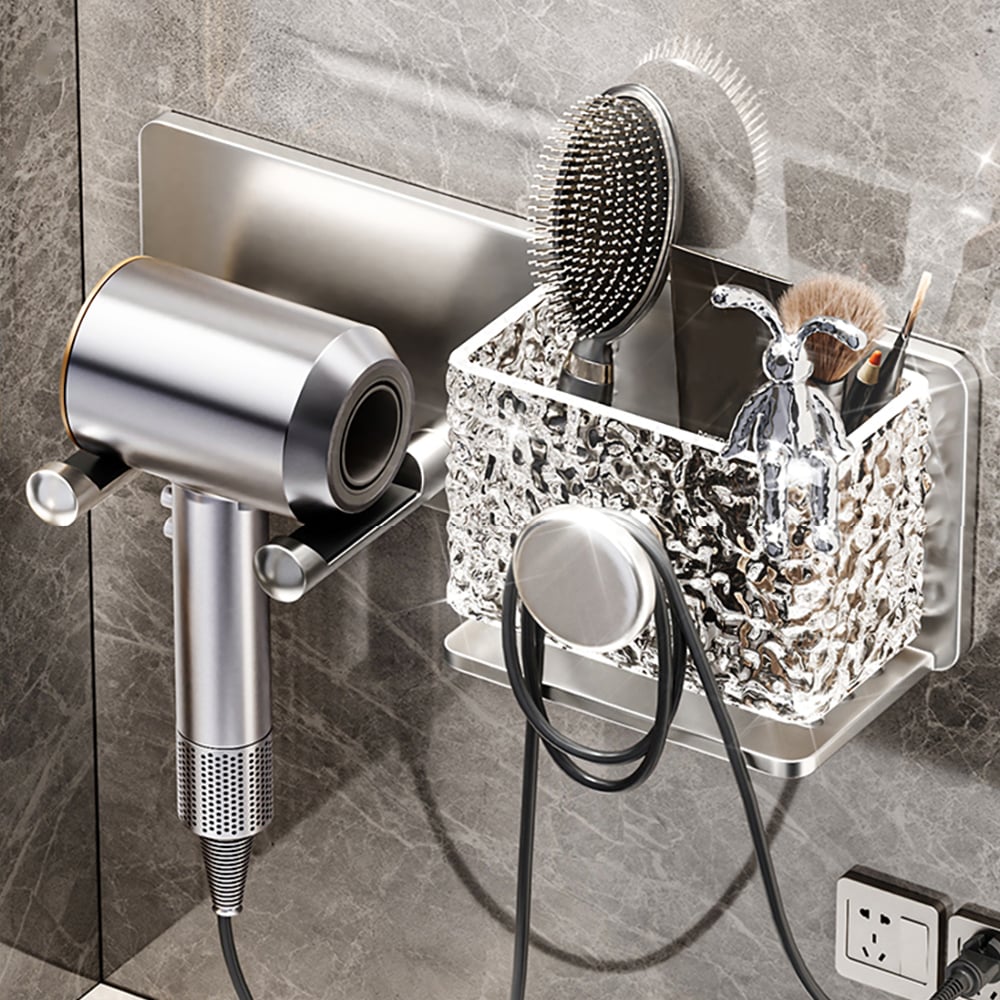 HMR - Acrylic Water Ripple Hair Dryer Holder Rack in Silver with Storage