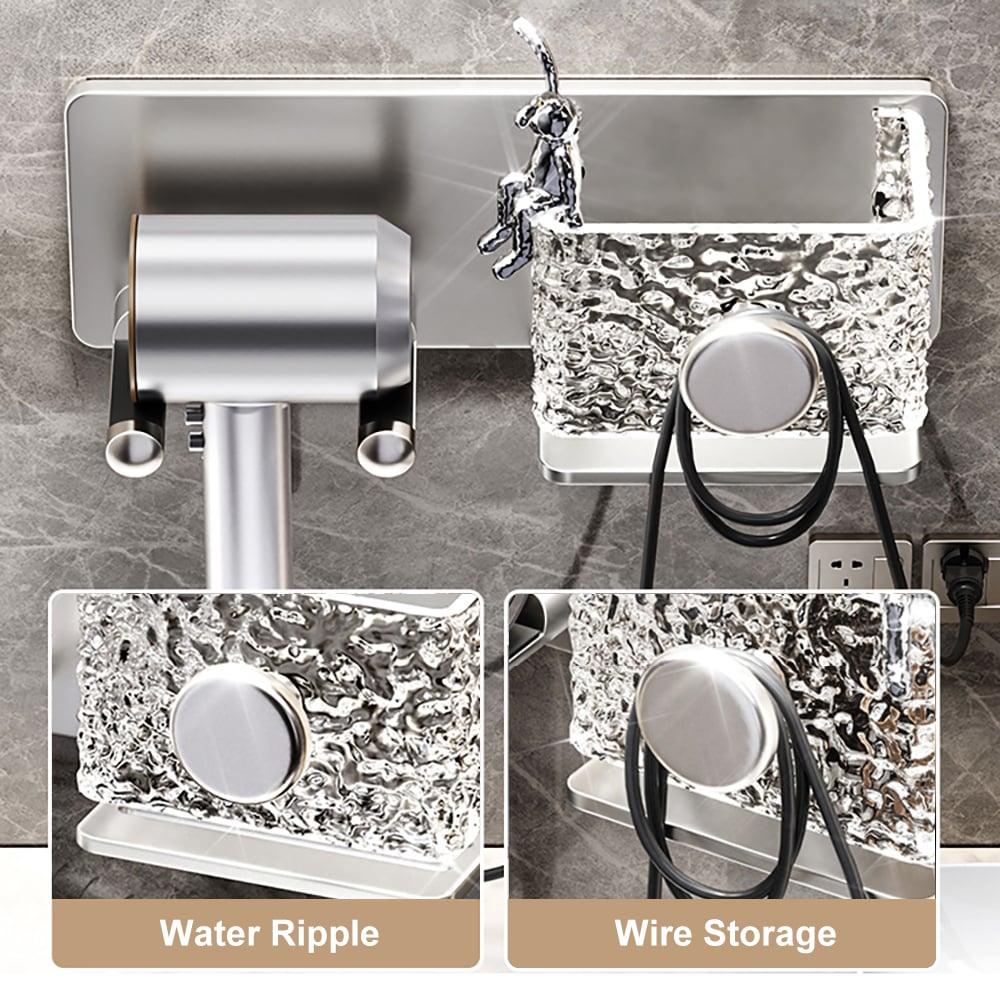 HMR - Acrylic Water Ripple Hair Dryer Holder Rack in Silver with Storage