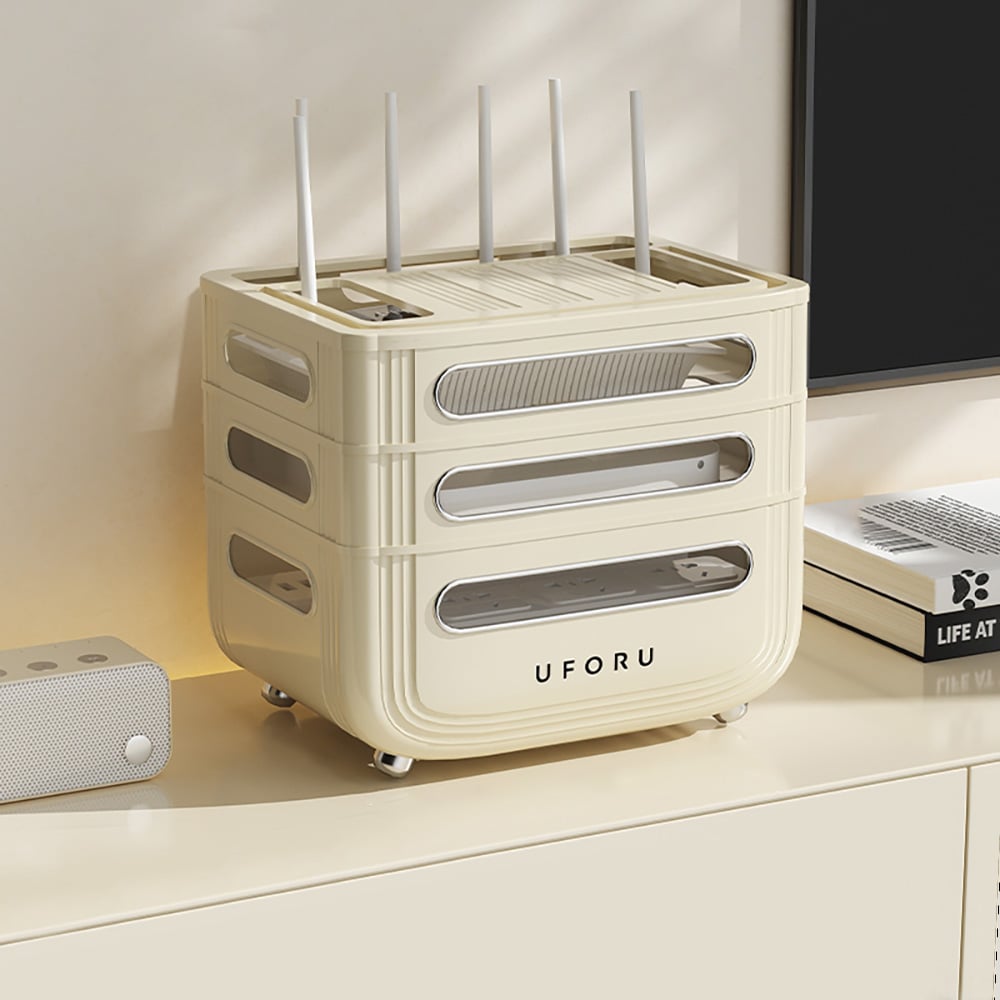 HMR - 3 Tier Modern Warm White Mount & Desktop Router Rack Box Cable Management Decor Storage