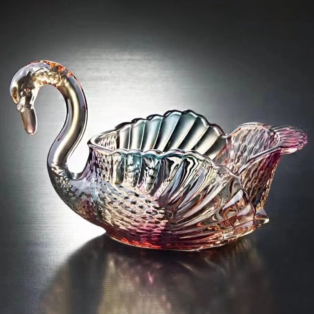 HMR - Glass Swan Fruit Bowl Iridescent Transparent Basket Colorful Snack Tray Plate Decor