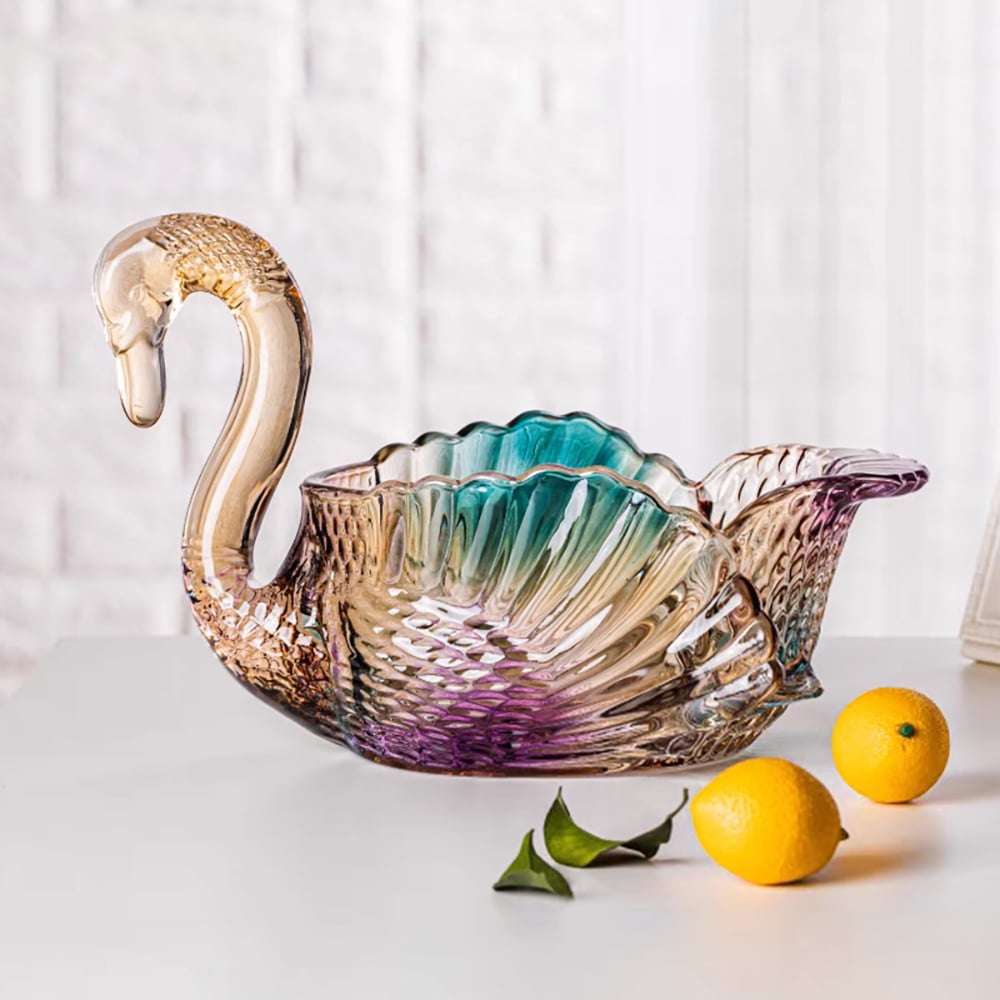 HMR - Glass Swan Fruit Bowl Iridescent Transparent Basket Colorful Snack Tray Plate Decor