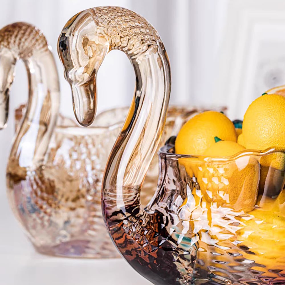 HMR - Glass Swan Fruit Bowl Iridescent Transparent Basket Colorful Snack Tray Plate Decor