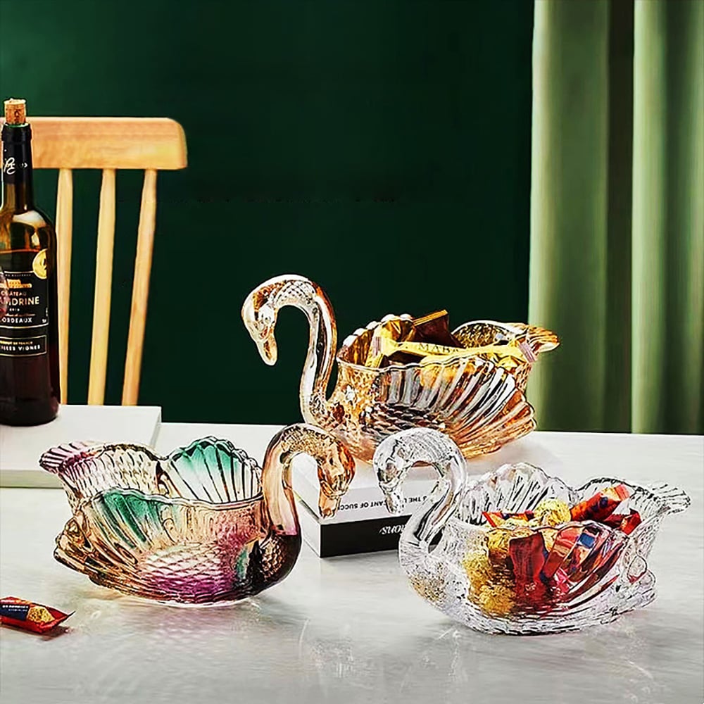 HMR - Glass Swan Fruit Bowl Iridescent Transparent Basket Colorful Snack Tray Plate Decor