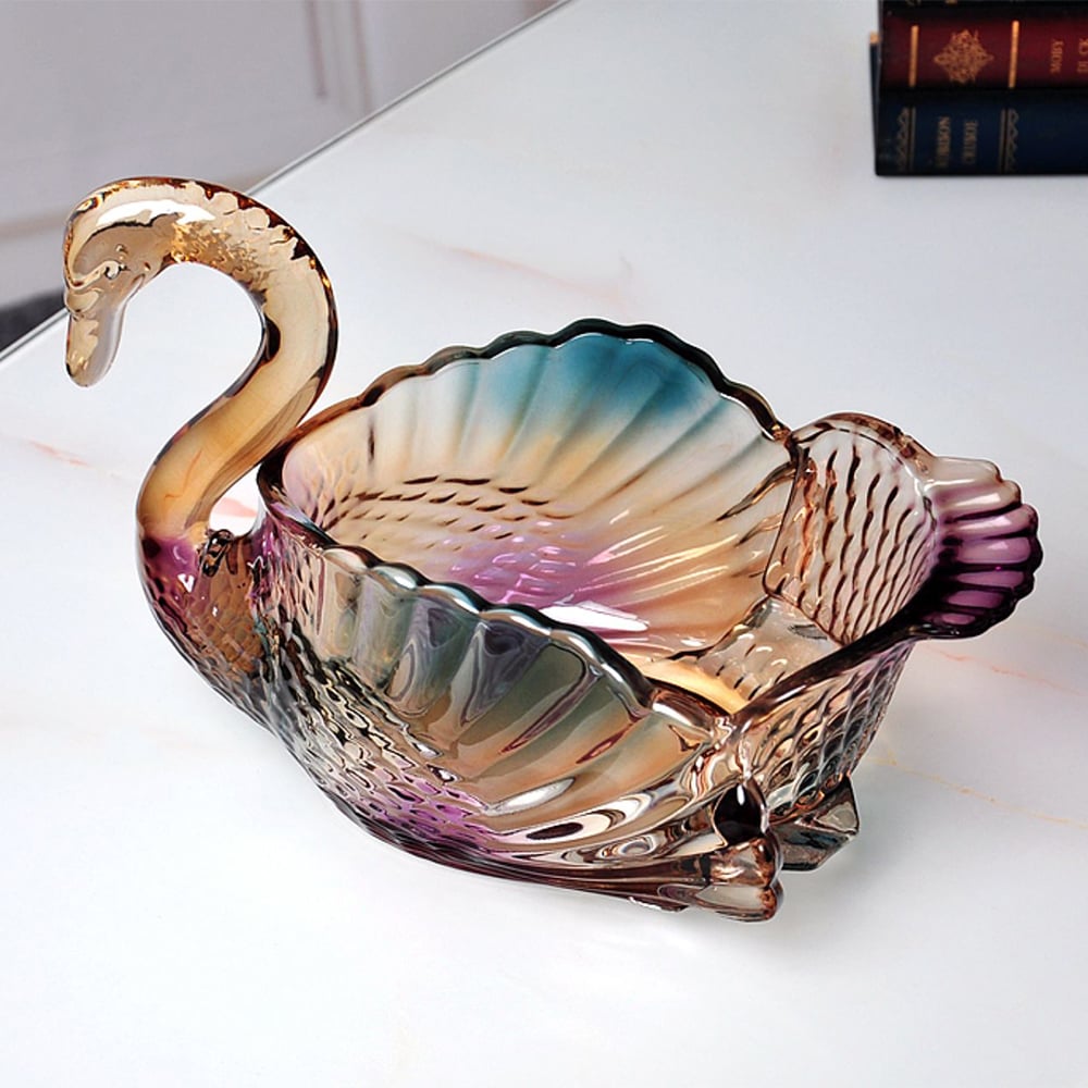 HMR - Glass Swan Fruit Bowl Iridescent Transparent Basket Colorful Snack Tray Plate Decor