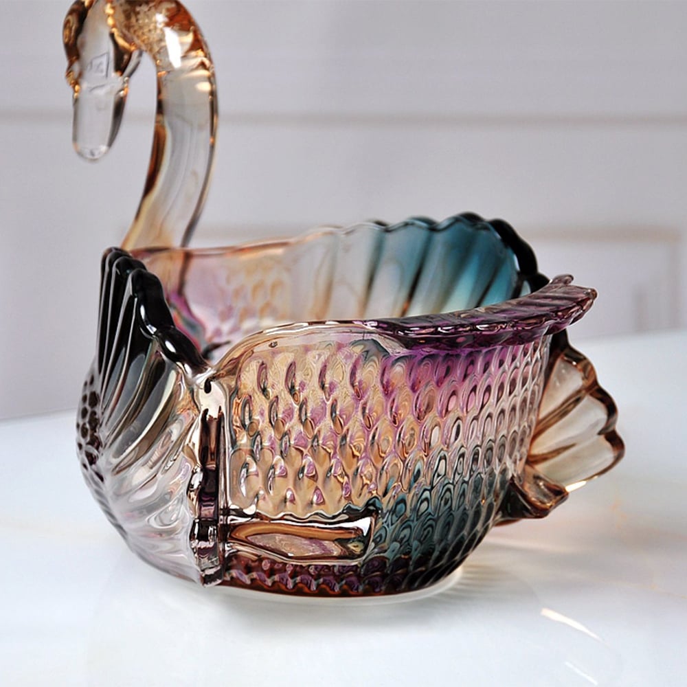 HMR - Glass Swan Fruit Bowl Iridescent Transparent Basket Colorful Snack Tray Plate Decor