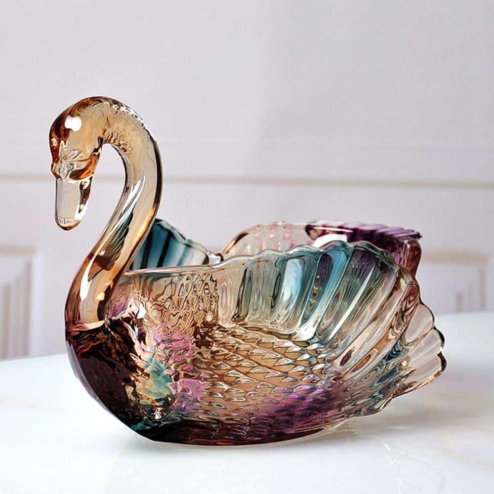 HMR - Glass Swan Fruit Bowl Iridescent Transparent Basket Colorful Snack Tray Plate Decor