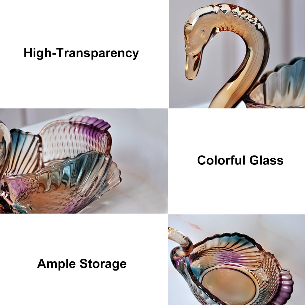 HMR - Glass Swan Fruit Bowl Iridescent Transparent Basket Colorful Snack Tray Plate Decor