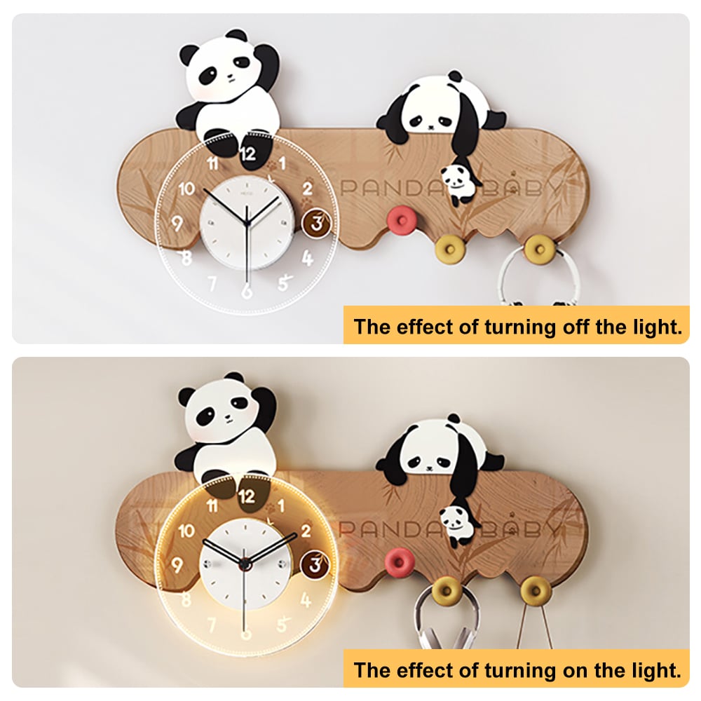 HMR - 4-Hook Wall Mounted Decorative Panda Coat Rack with 9.8'' LED Acrylic Clock