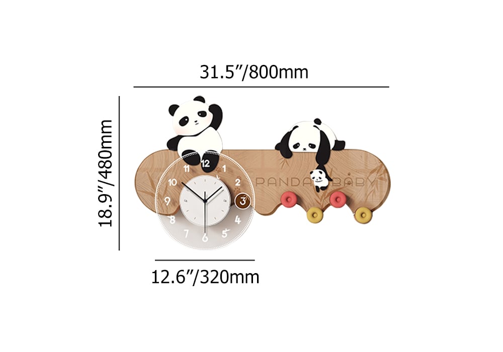 HMR - 4-Hook Wall Mounted Decorative Panda Coat Rack with 9.8'' LED Acrylic Clock