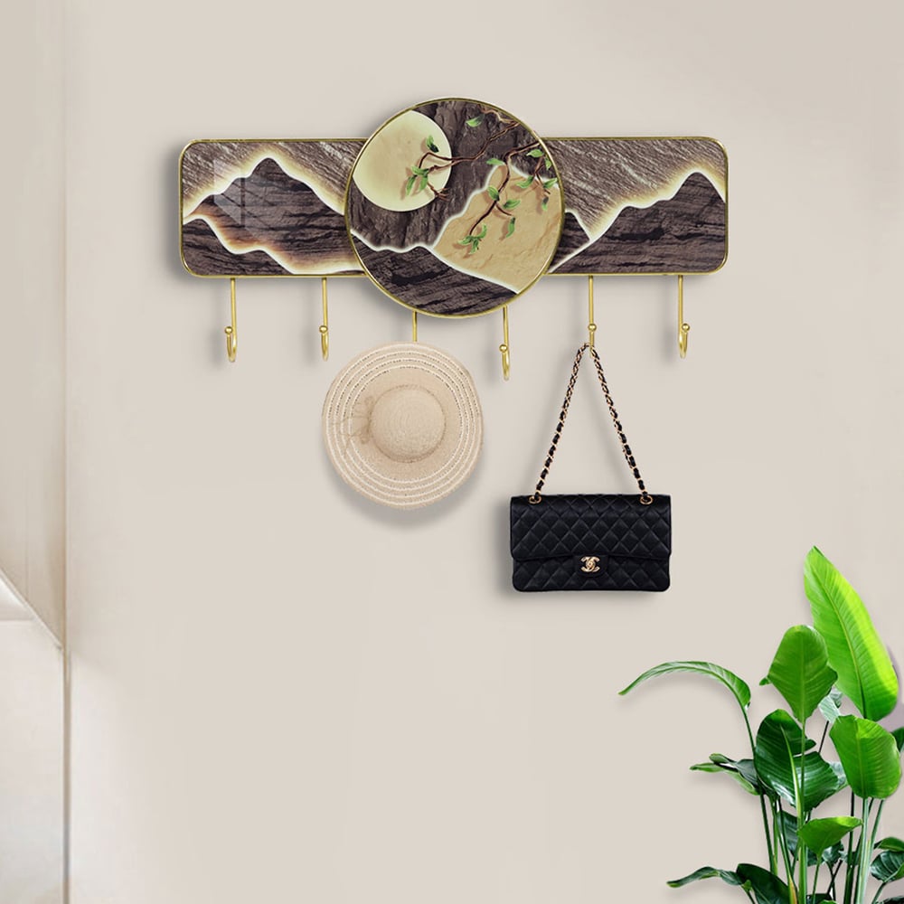 HMR - 6-Hook Moon and Mountain Decor Entryway Wall Mounted Coat Rack