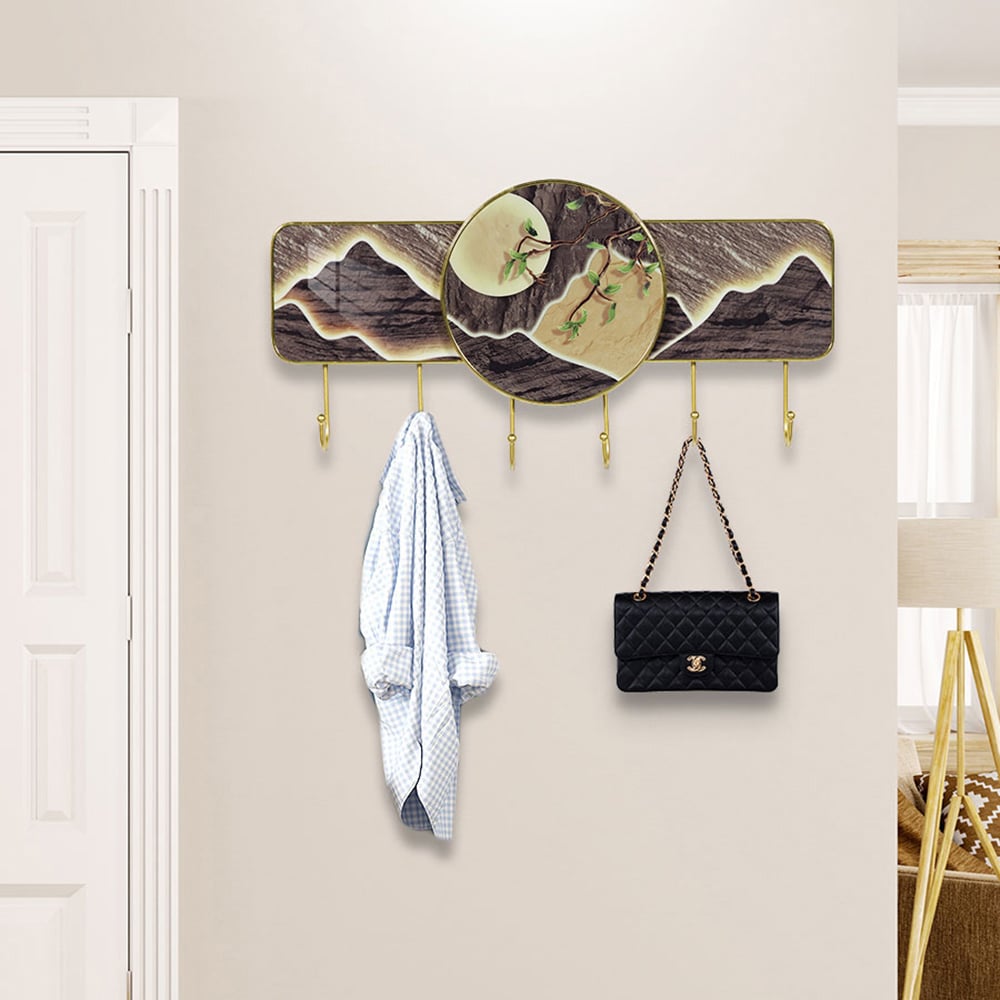 HMR - 6-Hook Moon and Mountain Decor Entryway Wall Mounted Coat Rack