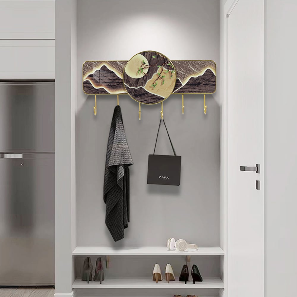 HMR - 6-Hook Moon and Mountain Decor Entryway Wall Mounted Coat Rack