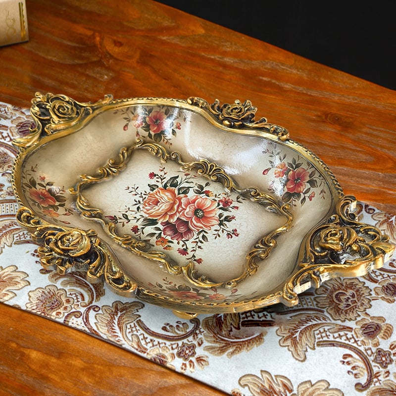 HMR - Gold & White Fruit Plate Basket Decoration Bowl Resin Serving Tray with Handles