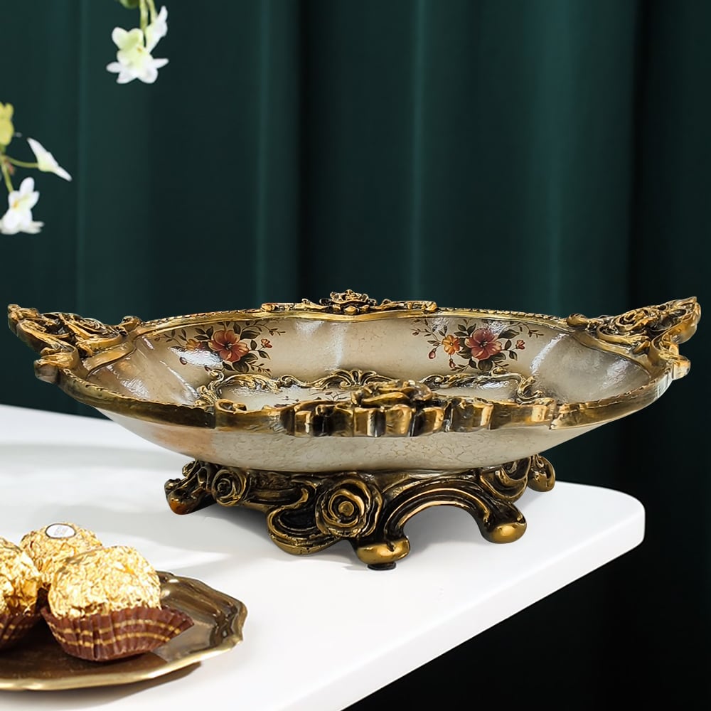 HMR - Gold & White Fruit Plate Basket Decoration Bowl Resin Serving Tray with Handles