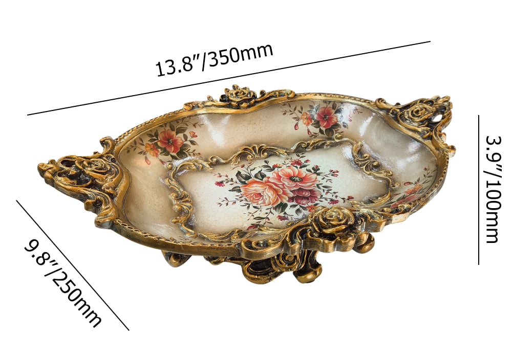 HMR - Gold & White Fruit Plate Basket Decoration Bowl Resin Serving Tray with Handles