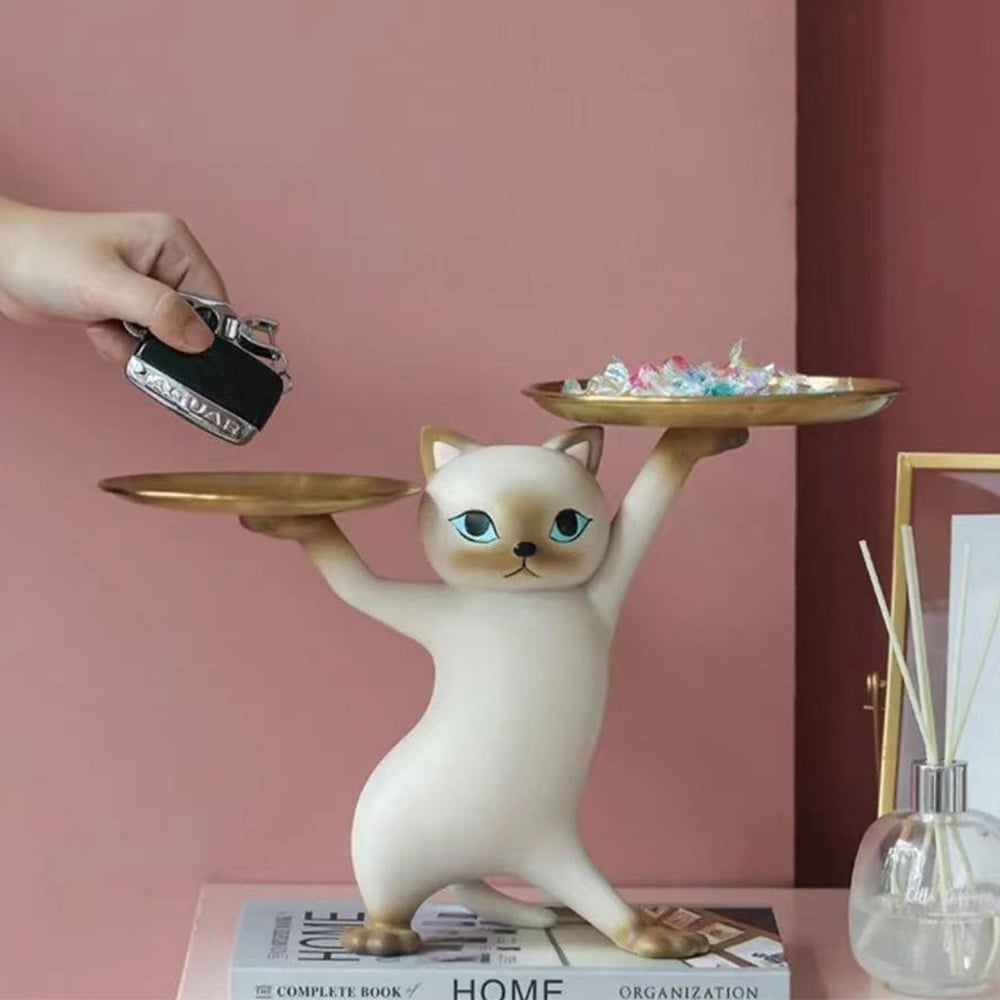 HMR - Modern Cat Resin Figurine with Gold Desk Storage Tray