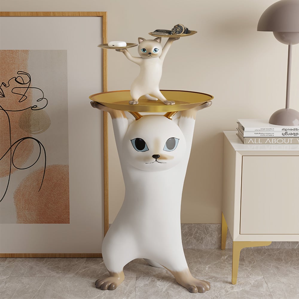 HMR - Modern Cat Resin Figurine with Gold Desk Storage Tray